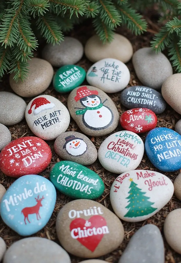 25+ Christmas Pottery Painting Ideas for Festive Fun - 16. Merry Christmas Garden Stones