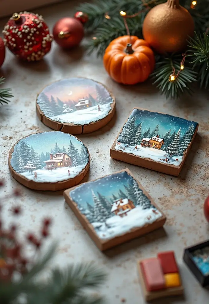 25+ Christmas Pottery Painting Ideas for Festive Fun - 20. Winter Wonderland Tiles