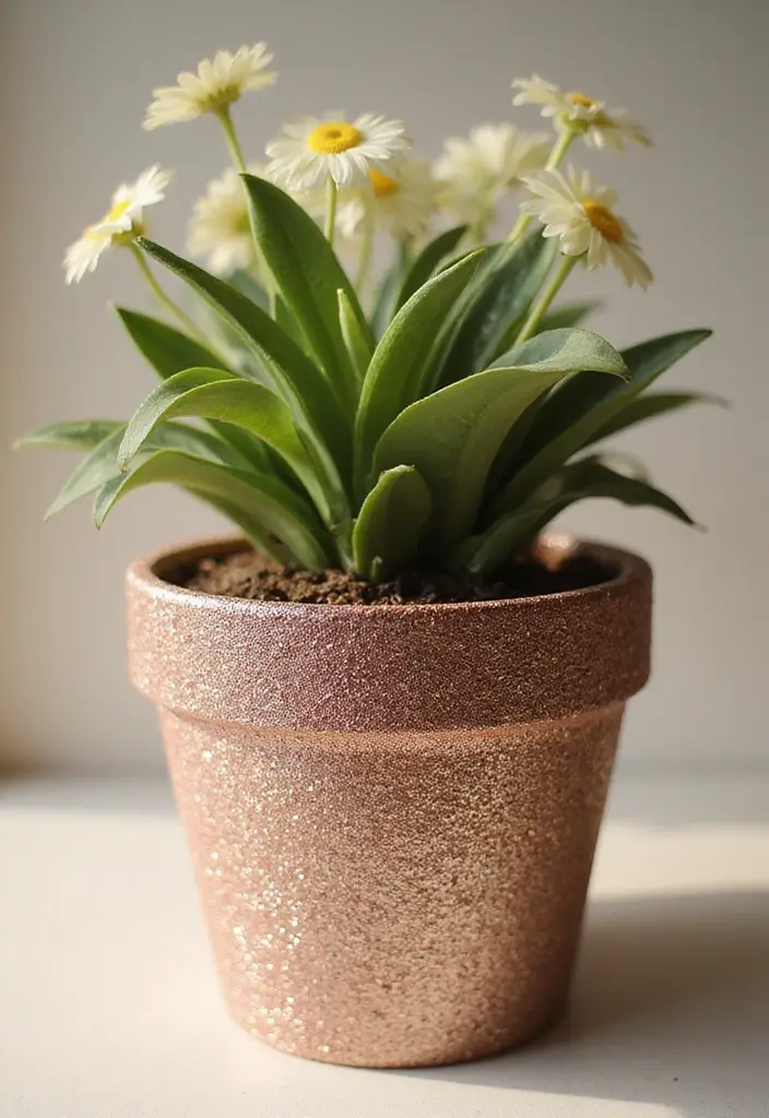 25+ DIY Flower Pot Painting Ideas for Indoor Charm - 13. Glitter Glam