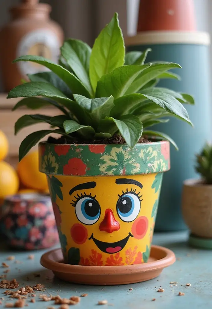 25+ DIY Flower Pot Painting Ideas for Indoor Charm - 22. Funky Faces