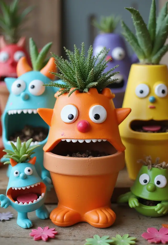 25+ DIY Flower Pot Painting Ideas for Indoor Charm - 6. Whimsical Monsters