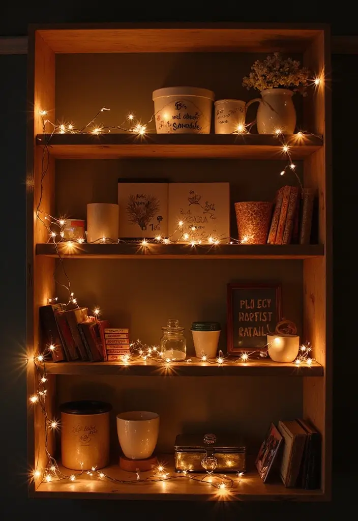 25+ DIY Shelf Painting Ideas for Easy Home Upgrades - 24. Whimsical Fairy Lights