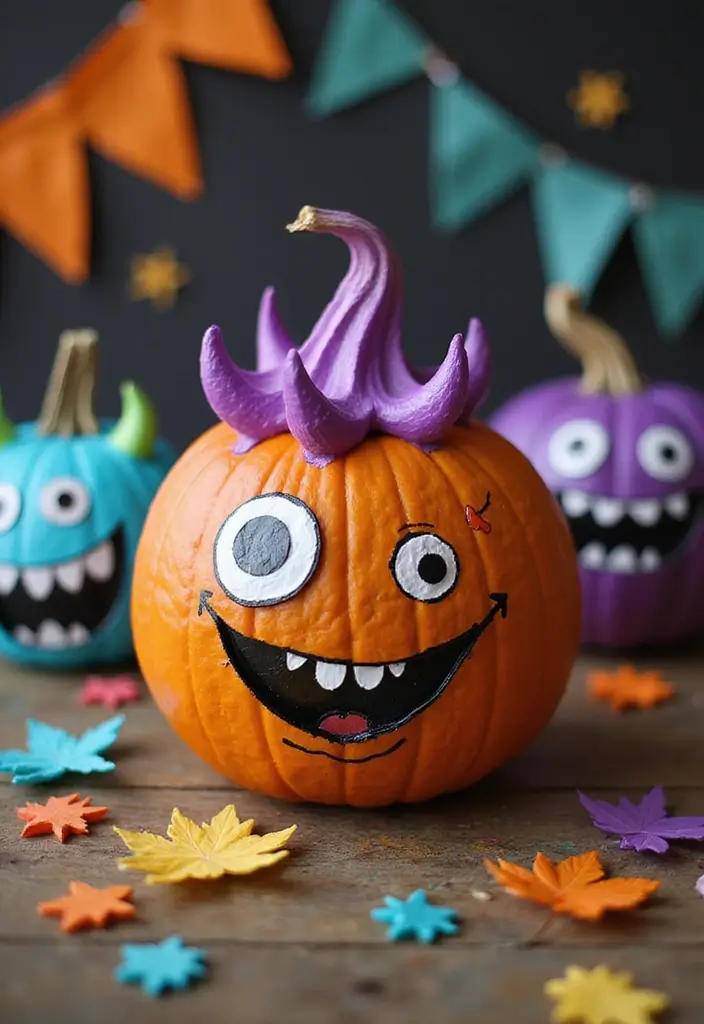 25 Easy & Creative Pumpkin Painting Ideas Anyone Can Do - 15. Cute Monsters