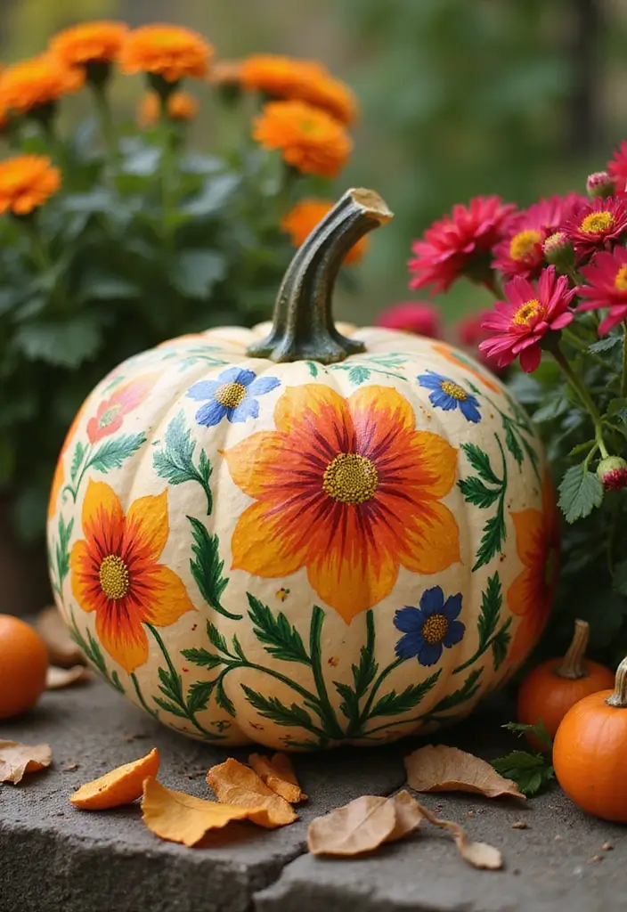 25 Easy & Creative Pumpkin Painting Ideas Anyone Can Do - 16. Floral Designs
