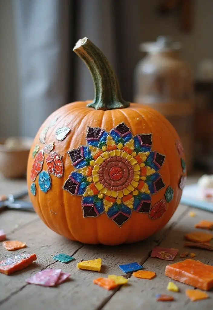 25 Easy & Creative Pumpkin Painting Ideas Anyone Can Do - 17. Mosaic Pumpkin