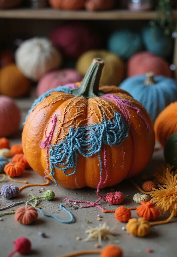 25 Easy & Creative Pumpkin Painting Ideas Anyone Can Do - 23. Fun with Yarn
