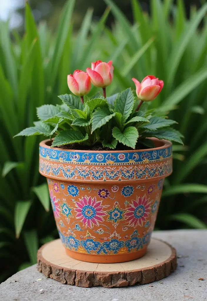 25+ Flower Pot Painting Ideas for Garden Lovers - 11. Stenciled Patterns for Precision