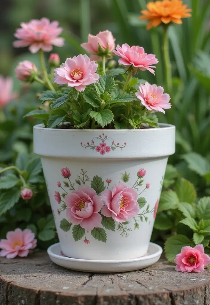 25+ Flower Pot Painting Ideas for Garden Lovers - 12. Floral Motifs for a Romantic Touch