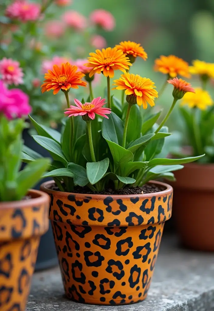 25+ Flower Pot Painting Ideas for Garden Lovers - 15. Funky Animal Prints