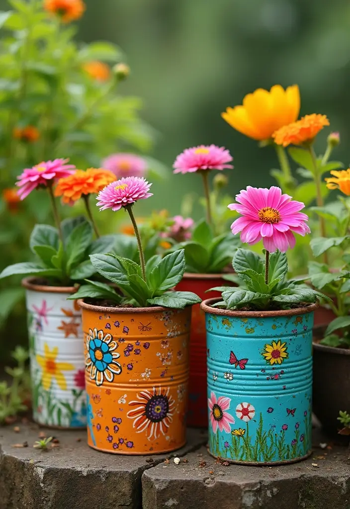 25+ Flower Pot Painting Ideas for Garden Lovers - 17. Upcycled Can Planters