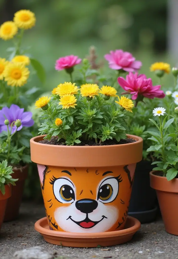 25+ Flower Pot Painting Ideas for Garden Lovers - 23. Hand-Painted Animal Faces