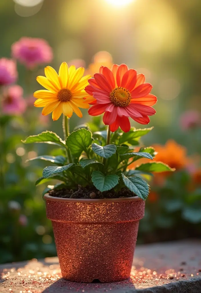 25+ Flower Pot Painting Ideas for Garden Lovers - 24. Shimmering Glitter Pots