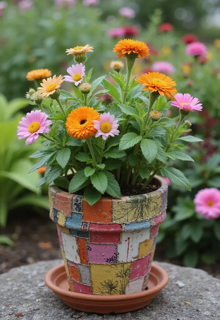 25+ Flower Pot Painting Ideas for Garden Lovers - 25. Creative Collage Pots