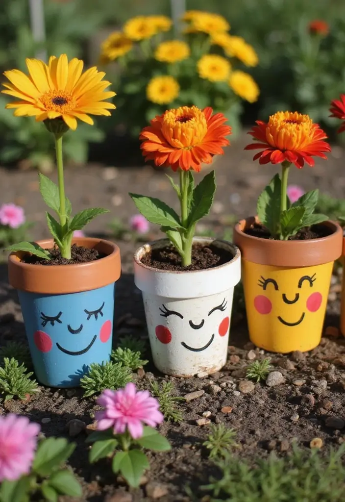 25+ Flower Pot Painting Ideas for Garden Lovers - 7. Whimsical Faces on Flower Pots