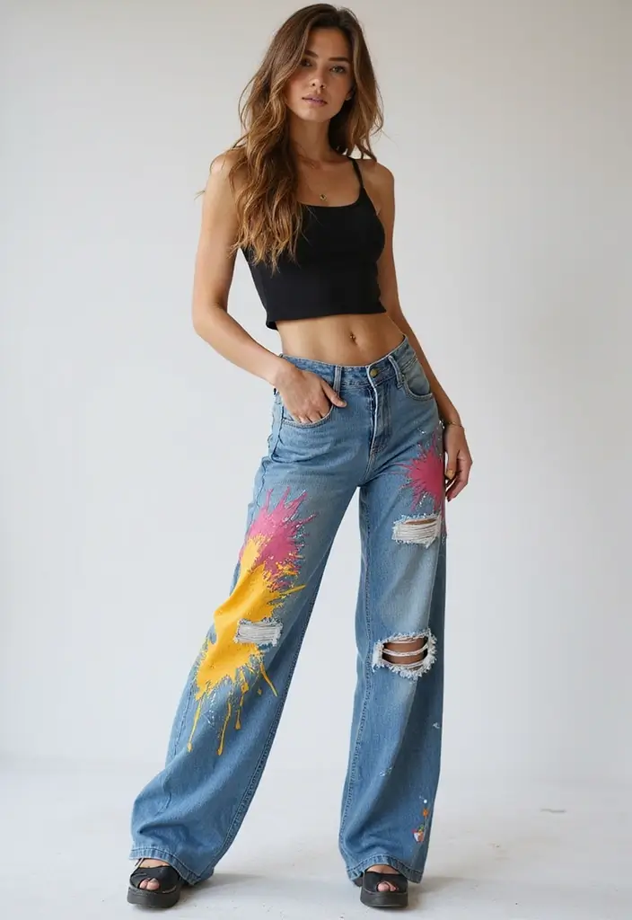 25+ Jeans Painting Ideas to Level Up Your Denim - 24. Splatter and Drip Combo