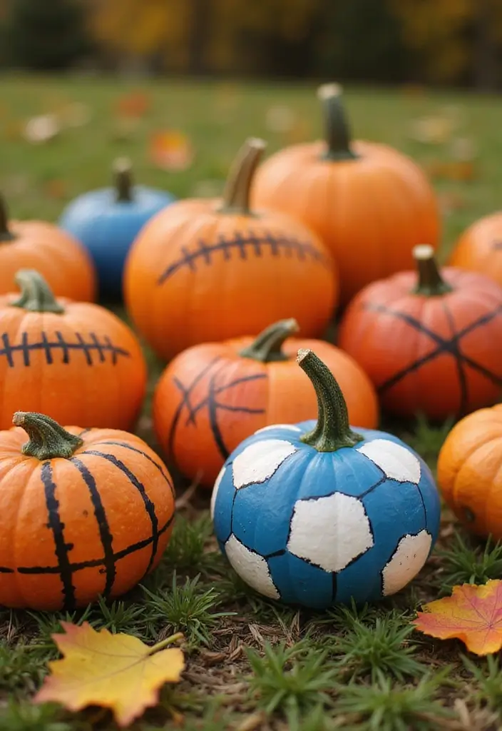 25+ Mini Pumpkin Painting Ideas That Are Adorable - 19. Sports-Themed Pumpkins