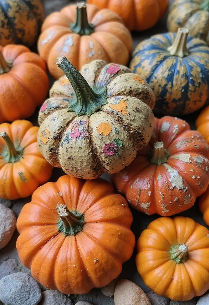 25+ Mini Pumpkin Painting Ideas That Are Adorable - 21. Mixed Media Pumpkins