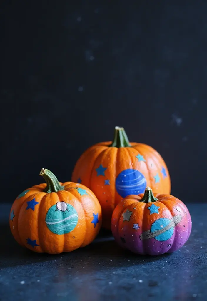 25+ Mini Pumpkin Painting Ideas That Are Adorable - 4. Space-Themed Pumpkins