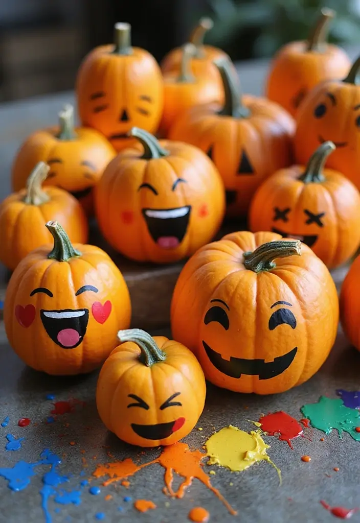 25+ Mini Pumpkin Painting Ideas That Are Adorable - 5. Emoji Pumpkins