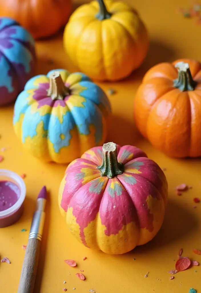 25+ Mini Pumpkin Painting Ideas That Are Adorable - 6. Tie-Dye Effect Pumpkins