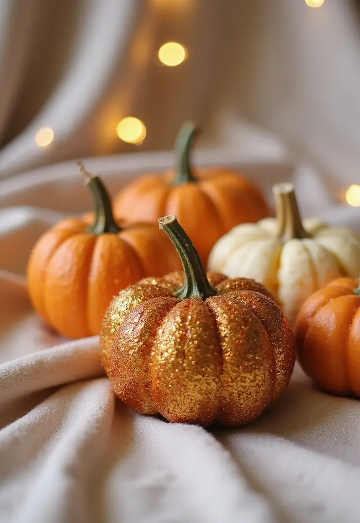25+ Mini Pumpkin Painting Ideas That Are Adorable - 7. Glitter & Glam Pumpkins