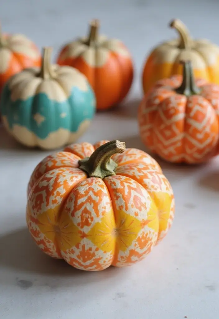 25+ Mini Pumpkin Painting Ideas That Are Adorable - 8. Geometric Pattern Pumpkins