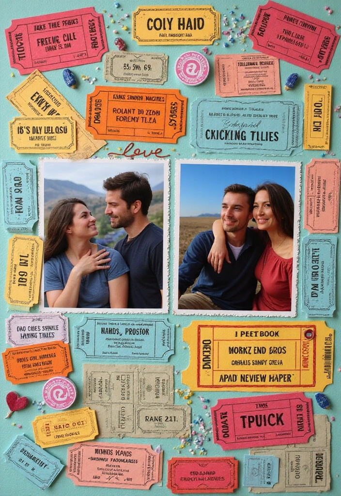 25+ One-Year Anniversary Scrapbook Ideas for Couples - 2. Ticket Stub Collage