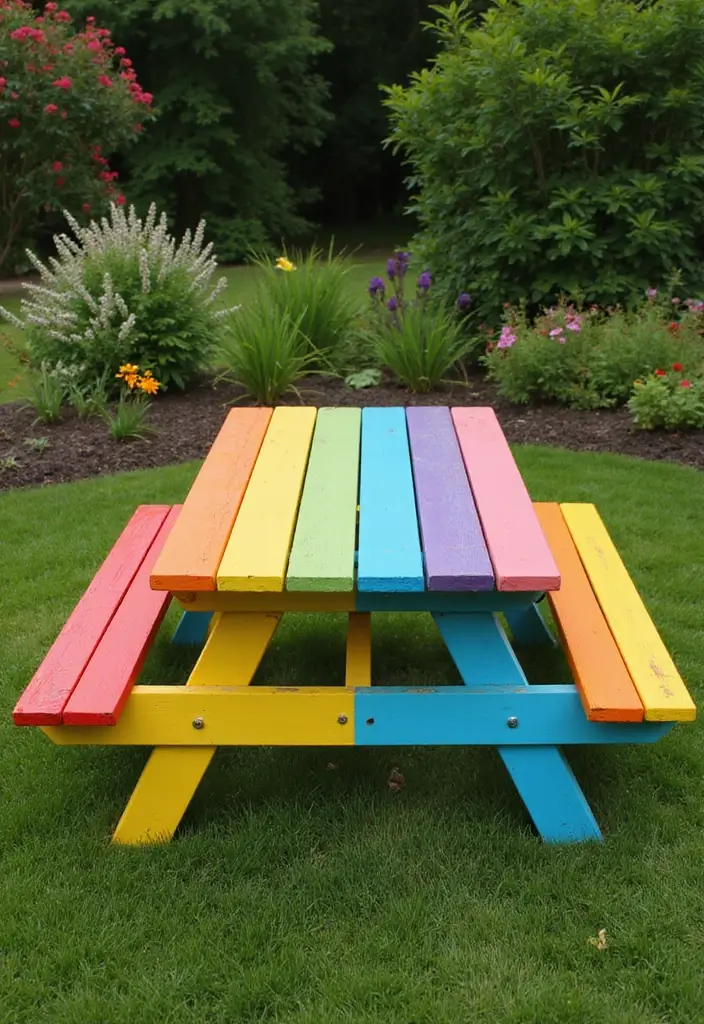25+ Picnic Table Painting Ideas for Outdoor Charm - 1. Rainbow Delight