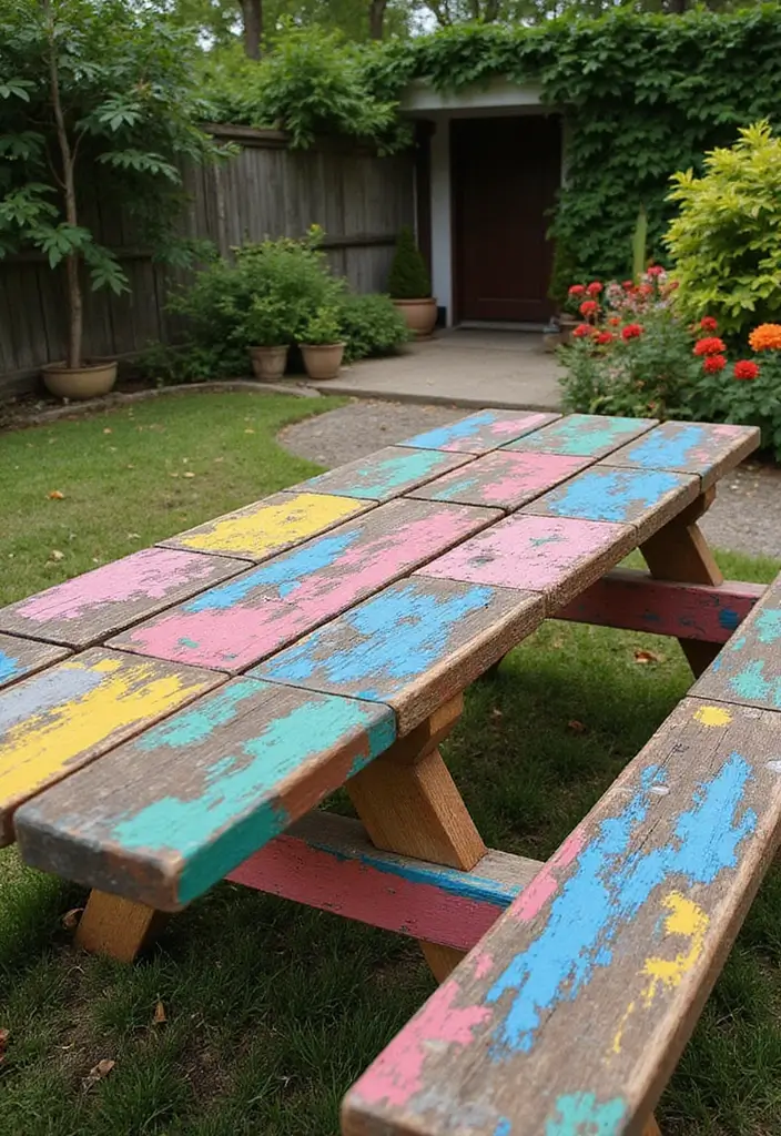 25+ Picnic Table Painting Ideas for Outdoor Charm - 13. Upcycled Chic