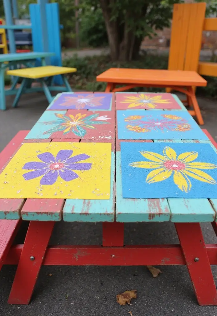 25+ Picnic Table Painting Ideas for Outdoor Charm - 14. Stenciled Designs