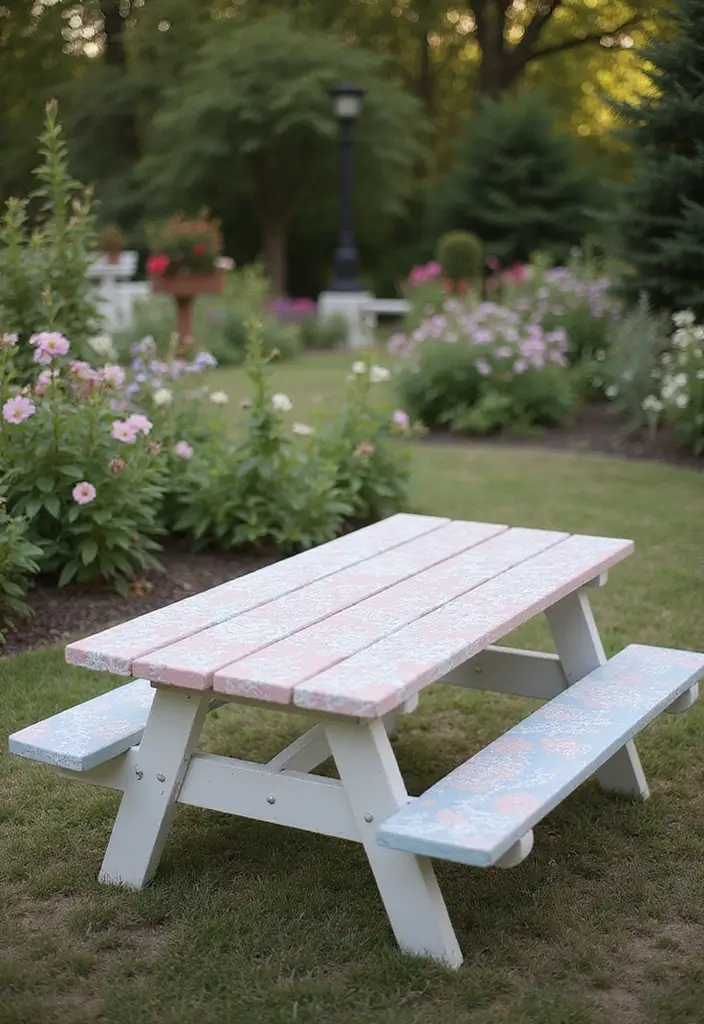 25+ Picnic Table Painting Ideas for Outdoor Charm - 21. Vintage Lace