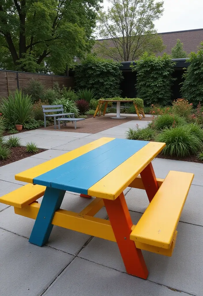 25+ Picnic Table Painting Ideas for Outdoor Charm - 23. Bold Color Blocking