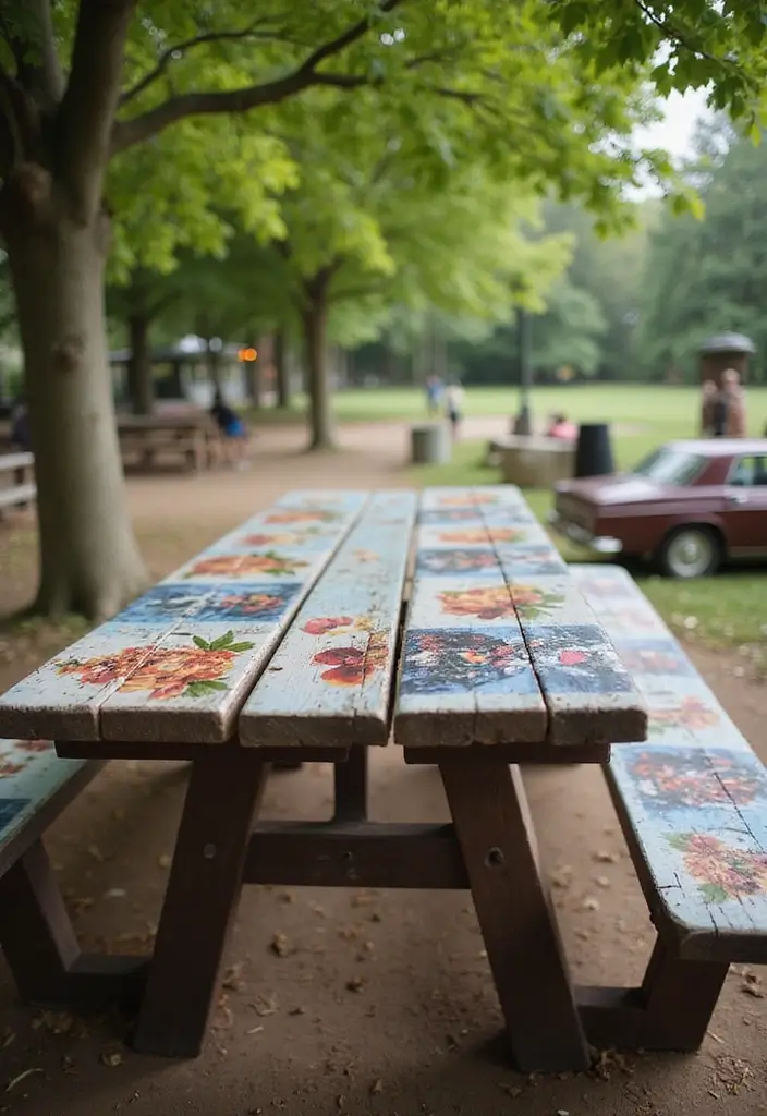 25+ Picnic Table Painting Ideas for Outdoor Charm - 24. Custom Graphics