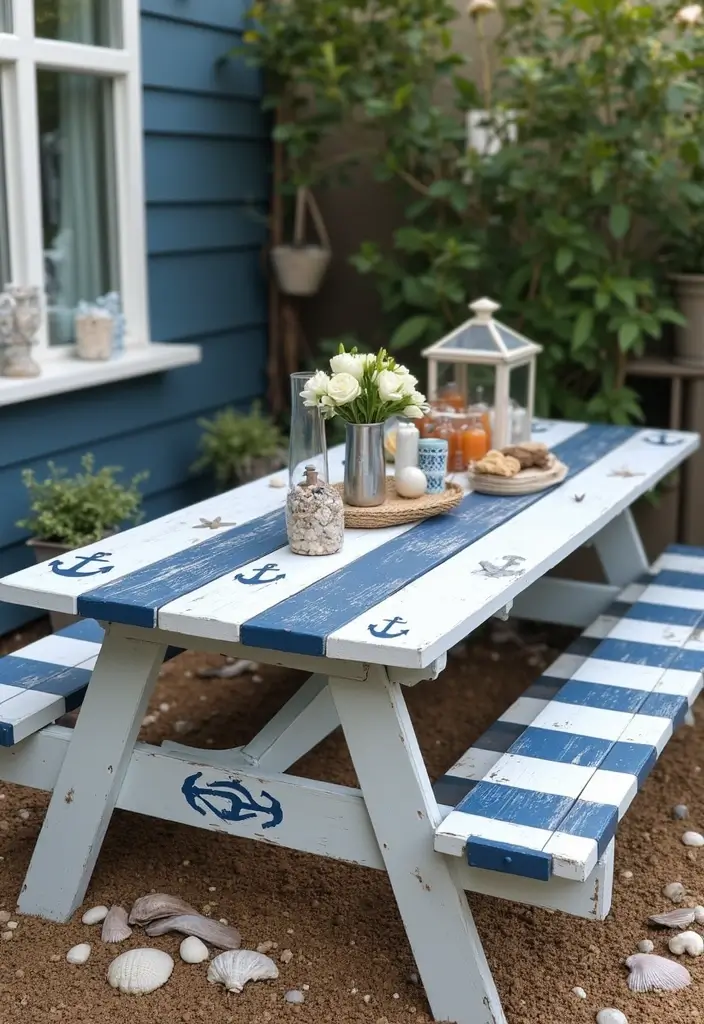 25+ Picnic Table Painting Ideas for Outdoor Charm - 3. Nautical Vibes