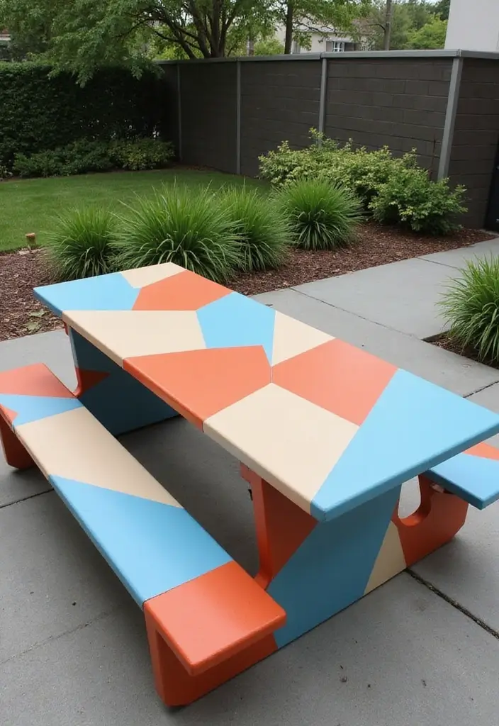 25+ Picnic Table Painting Ideas for Outdoor Charm - 5. Geometric Patterns