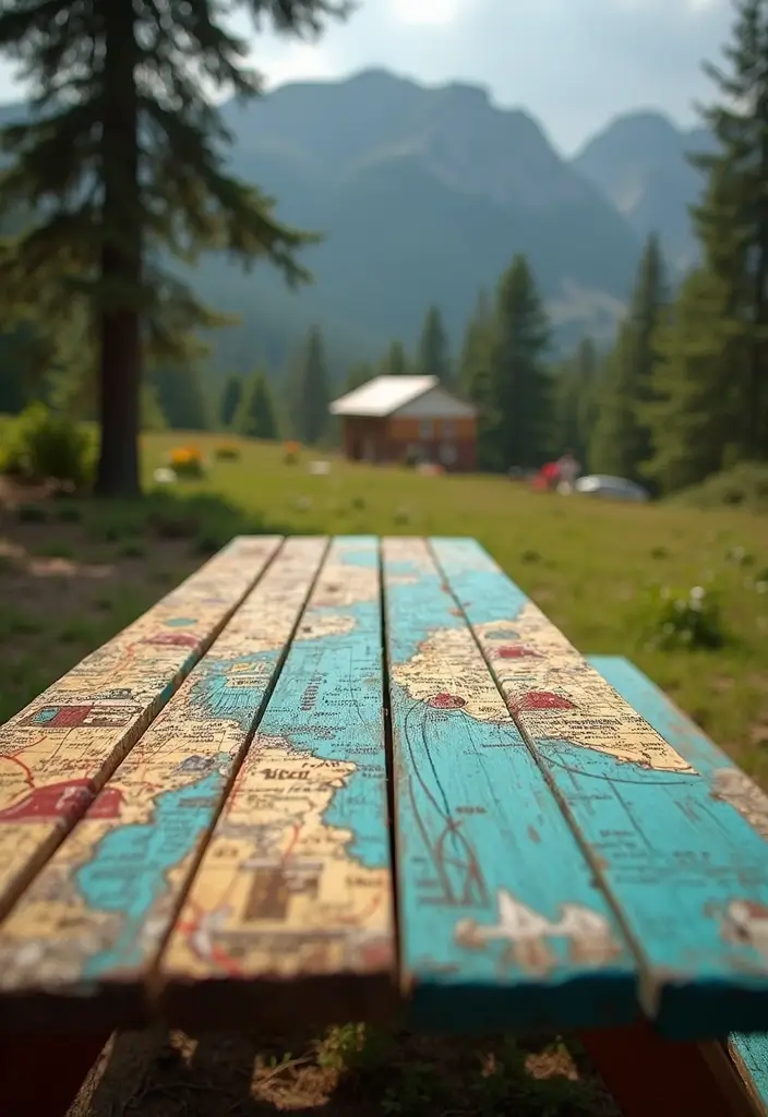 25+ Picnic Table Painting Ideas for Outdoor Charm - 8. Vintage Travel
