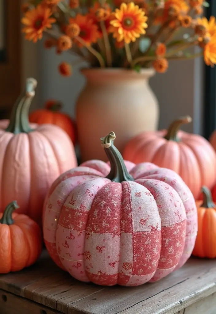 25+ Pink Pumpkin Painting Ideas for a Cute Twist - 16. Patchwork Pink Pumpkins