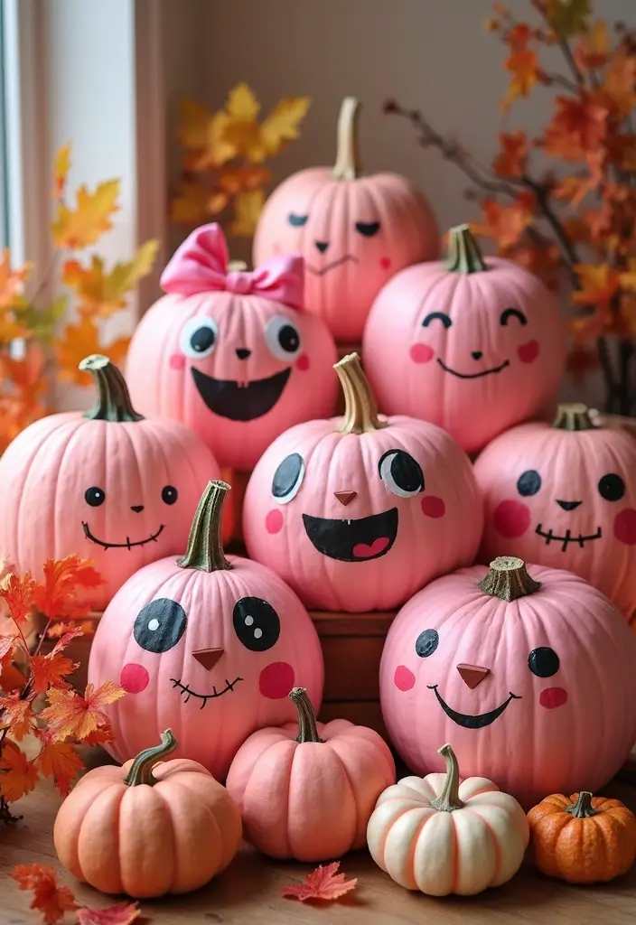 25+ Pink Pumpkin Painting Ideas for a Cute Twist - 19. Cute Cartoon Character Pink Pumpkins