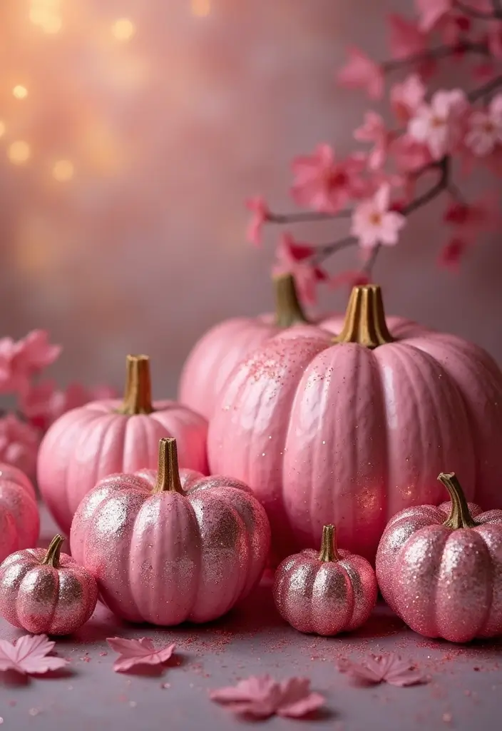 25+ Pink Pumpkin Painting Ideas for a Cute Twist - 20. Ombre and Glitter Combination Pumpkins