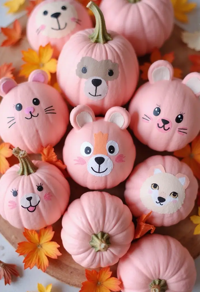 25+ Pink Pumpkin Painting Ideas for a Cute Twist - 21. Cute Animal Faces Pink Pumpkins