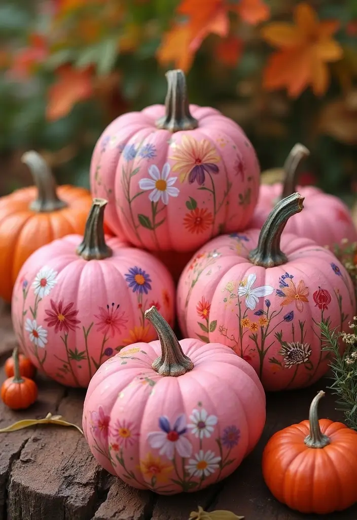 25+ Pink Pumpkin Painting Ideas for a Cute Twist - 22. Garden-Inspired Pink Pumpkins