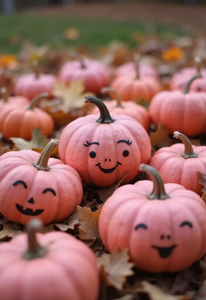 25+ Pink Pumpkin Painting Ideas for a Cute Twist - 24. Miniature Pink Pumpkins with Whimsical Faces