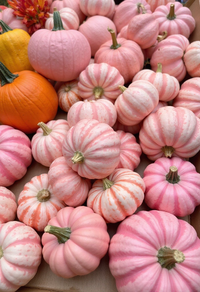 25+ Pink Pumpkin Painting Ideas for a Cute Twist - 8. Whimsical Striped Pink Pumpkins