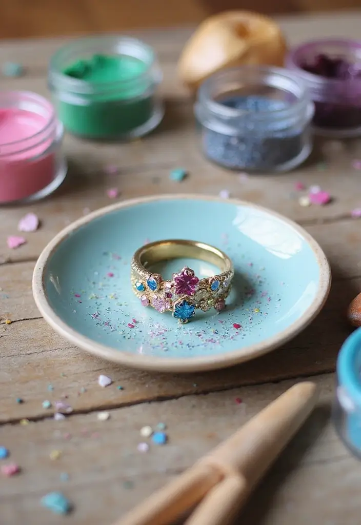 25+ Ring Dish Painting Ideas for Personalized Gifts - 19. Sparkling Glitter Accents