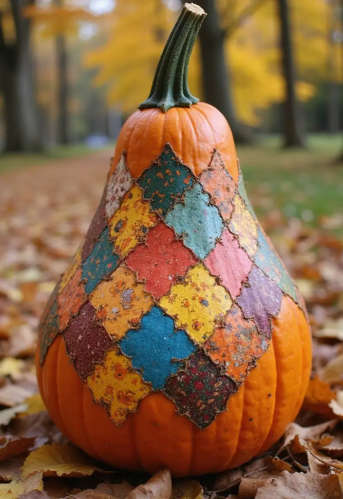 25+ Tall Pumpkin Painting Ideas for Unique Fall Decor - 12. Colorful Patchwork