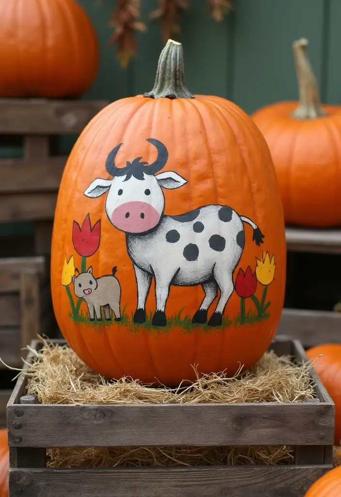 25+ Tall Pumpkin Painting Ideas for Unique Fall Decor - 16. Farm Animal Designs