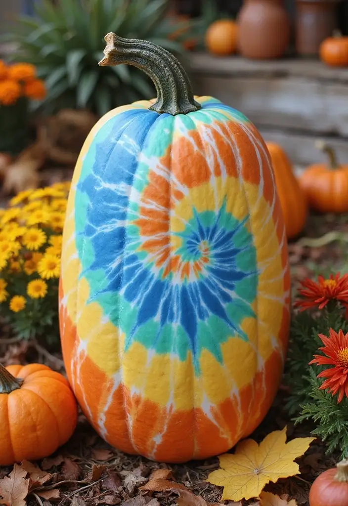 25+ Tall Pumpkin Painting Ideas for Unique Fall Decor - 18. Tie-Dye Effect
