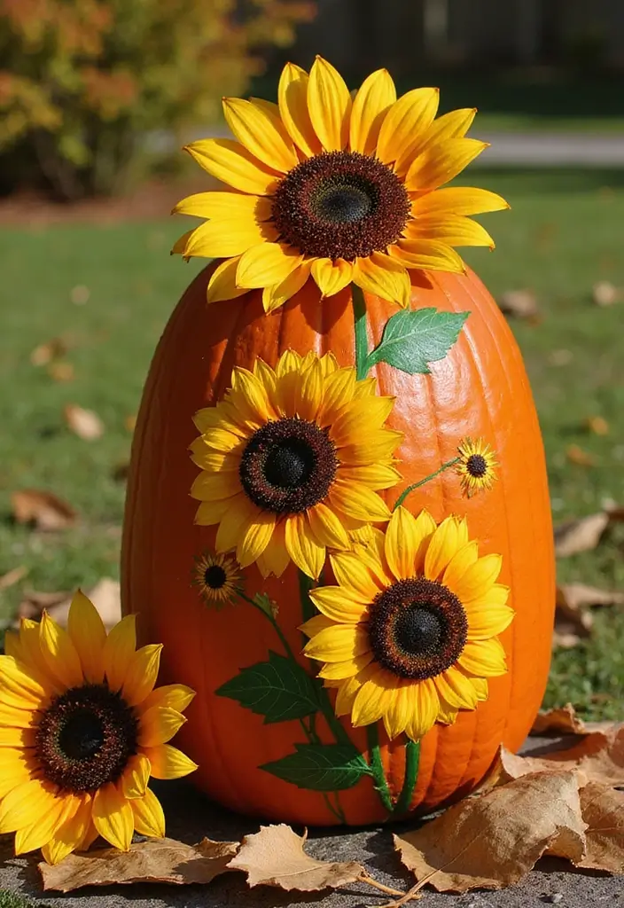 25+ Tall Pumpkin Painting Ideas for Unique Fall Decor - 19. Sunflower Splendor
