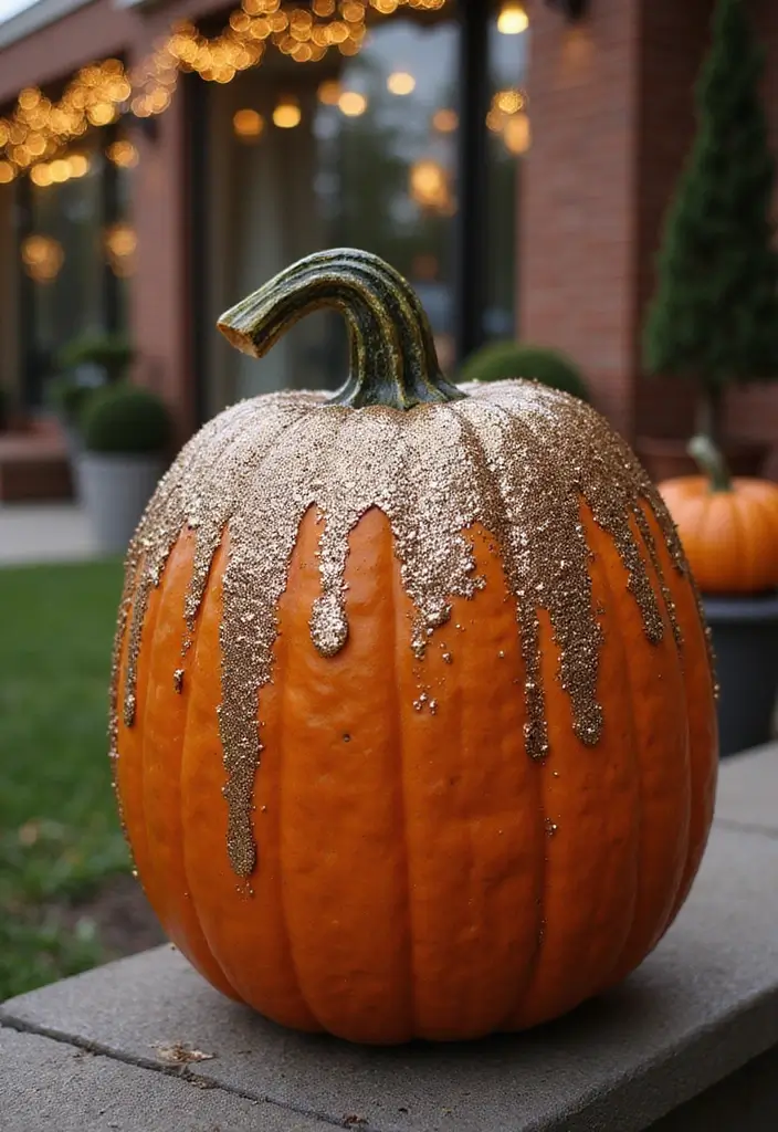25+ Tall Pumpkin Painting Ideas for Unique Fall Decor - 20. Glitter Glam