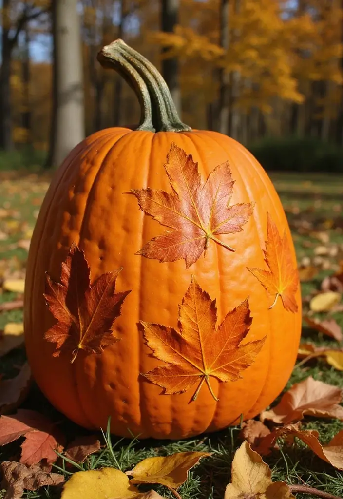 25+ Tall Pumpkin Painting Ideas for Unique Fall Decor - 21. Nature Imprints